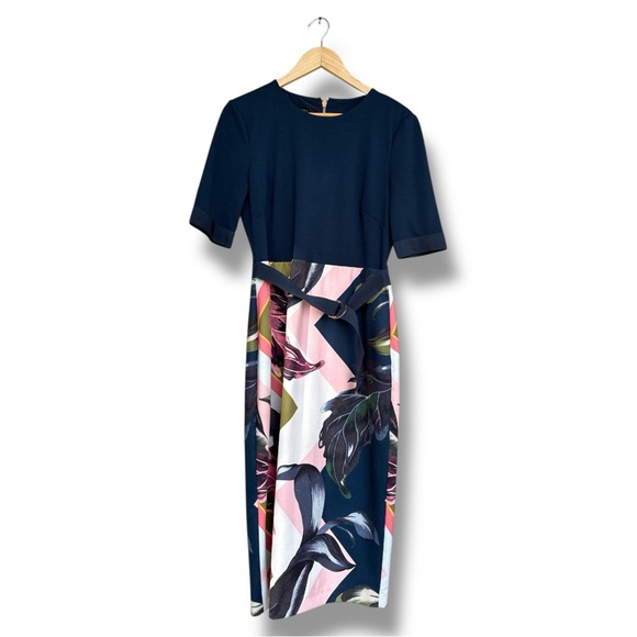 Ted Baker London Casiew Eden Block Midi Sheath Dress Navy/Pink Floral Size 10 - Picture 2 of 14